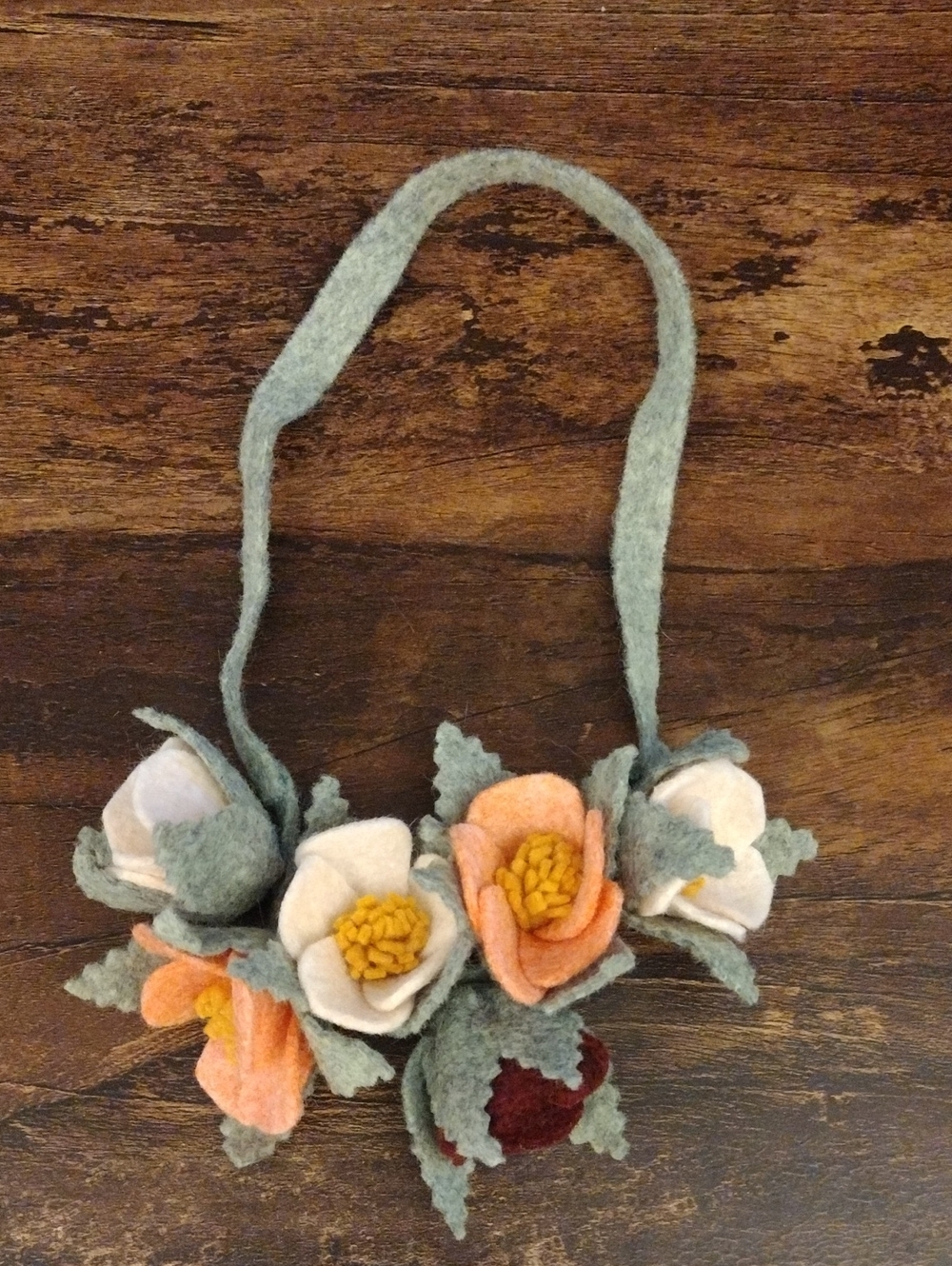 Handmade Felt Flower Necklace in Sage Green and Peach